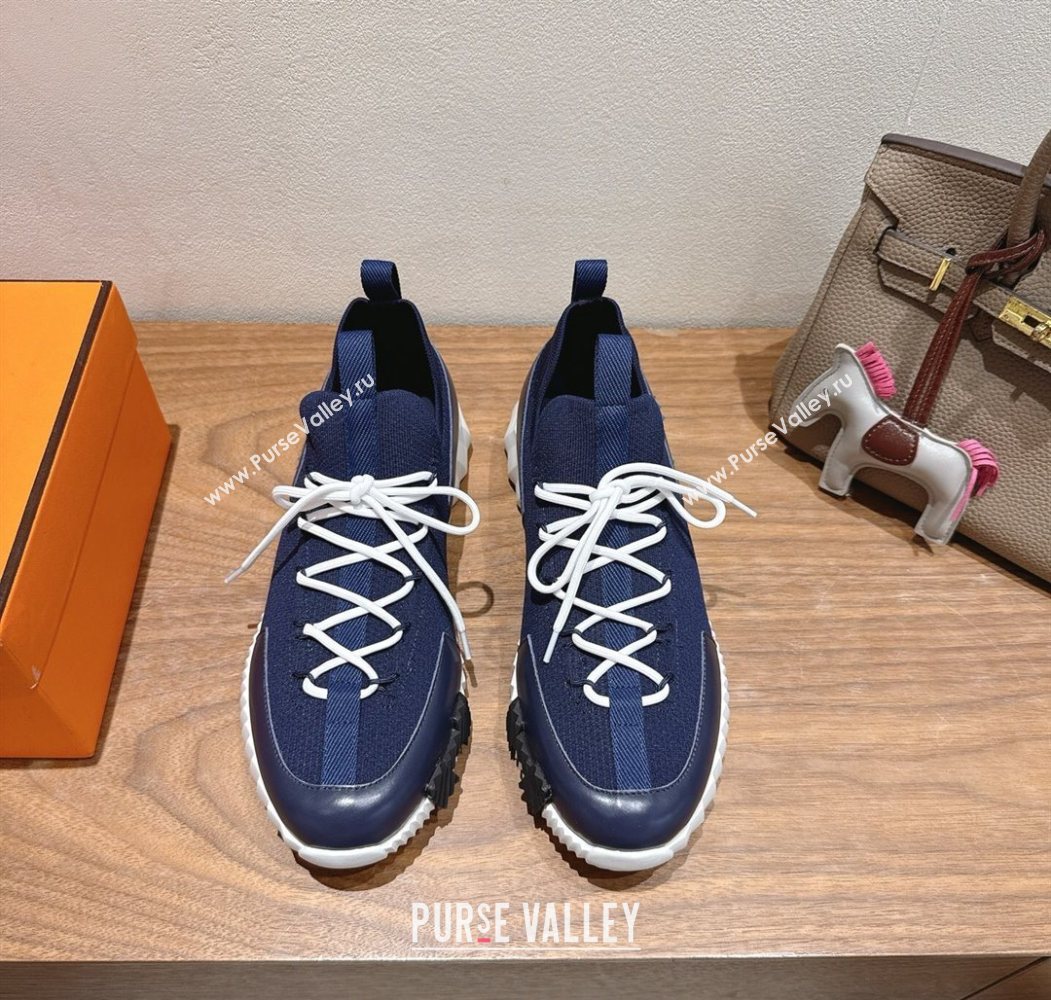 Hermes Lift slip-on sneakers in in knit and smooth calfskin Navy Blue 2025 H252003 (XC-250708067)