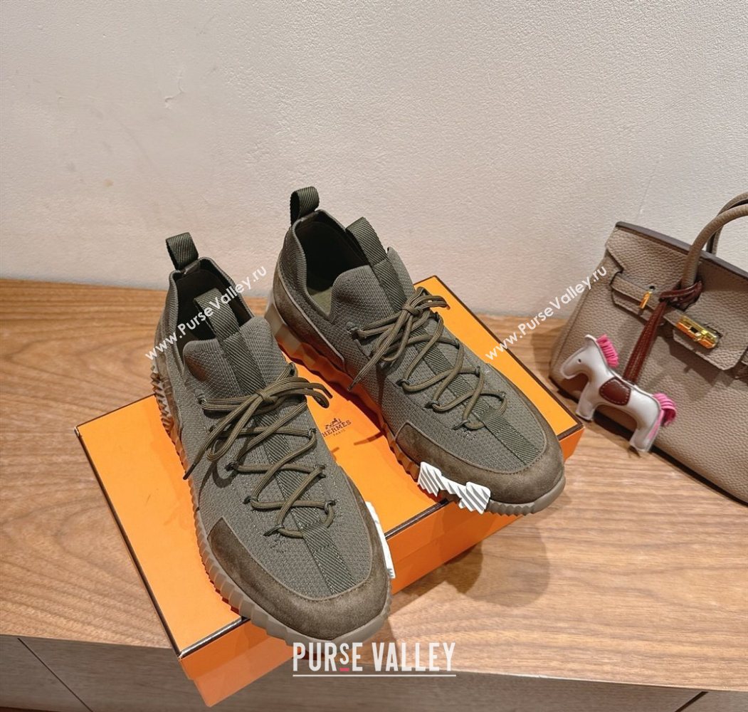 Hermes Lift slip-on sneakers in knit and suede Green 2025 H252003 (XC-250708076)