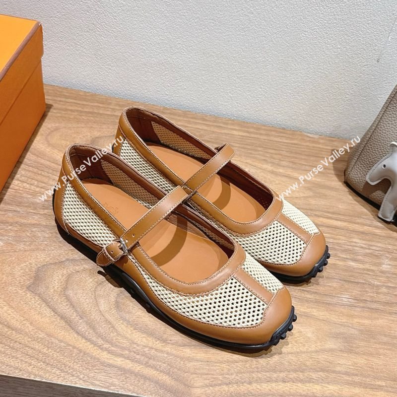 Hermes Kichu Ballet Flats in mesh knit and calfskin Brown 2025 H251170 (XC-250708091)