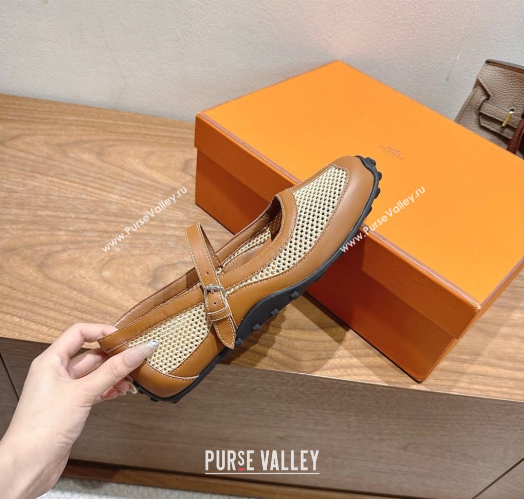 Hermes Kichu Ballet Flats in mesh knit and calfskin Brown 2025 H251170 (XC-250708091)