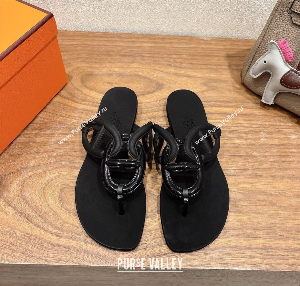 Hermes Chaine dAncre Rubber Flat Thong Slides Sandal Black 2025 H070802 (XC-250708026)