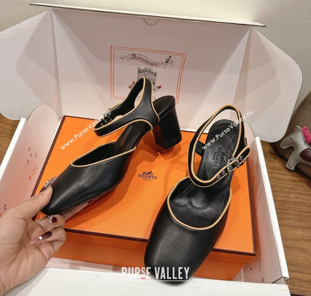 Hermes Kamilla Open Back Pumps 6cm with H Buckle Black 2025 H251270 (XC-250708097)