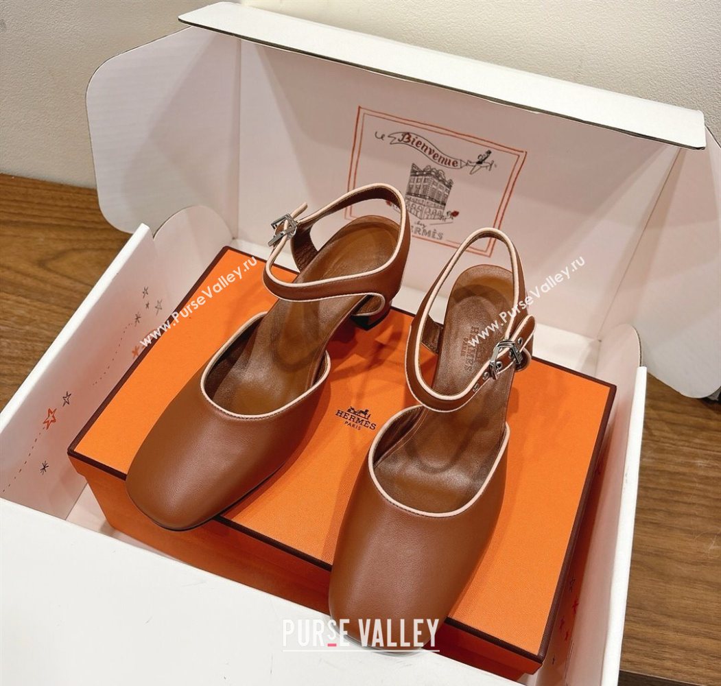 Hermes Kamilla Open Back Pumps 6cm with H Buckle Brown 2025 H251270 (XC-250708098)
