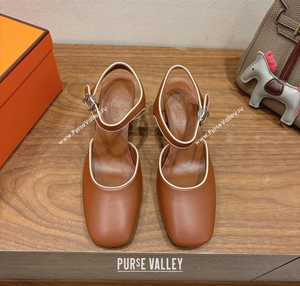 Hermes Kamilla Open Back Pumps 6cm with H Buckle Brown 2025 H251270 (XC-250708098)