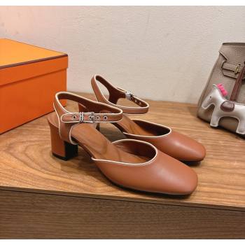 Hermes Kamilla Open Back Pumps 6cm with H Buckle Brown 2025 H251270 (XC-250708098)