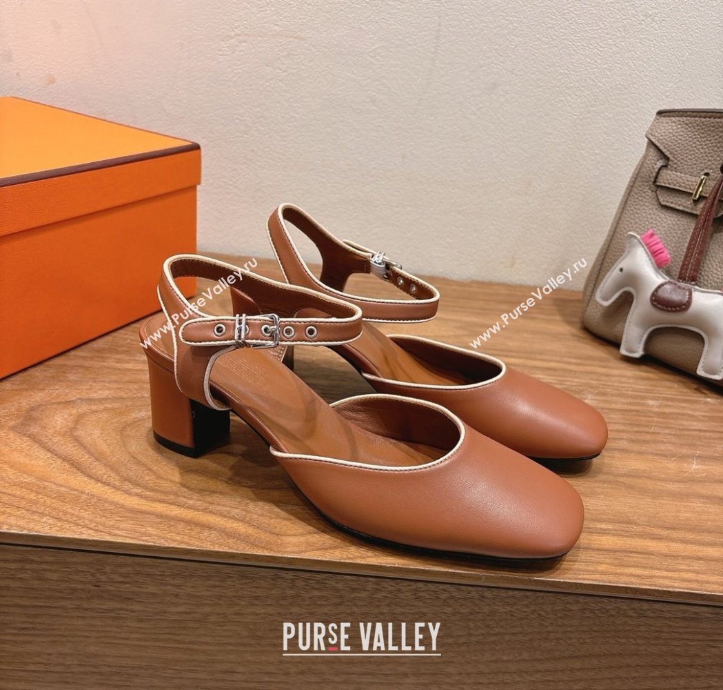 Hermes Kamilla Open Back Pumps 6cm with H Buckle Brown 2025 H251270 (XC-250708098)