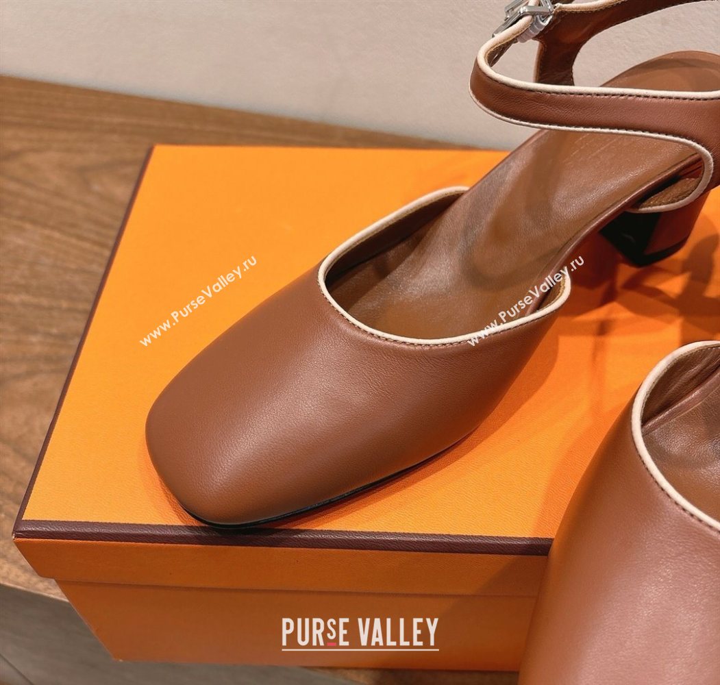 Hermes Kamilla Open Back Pumps 6cm with H Buckle Brown 2025 H251270 (XC-250708098)