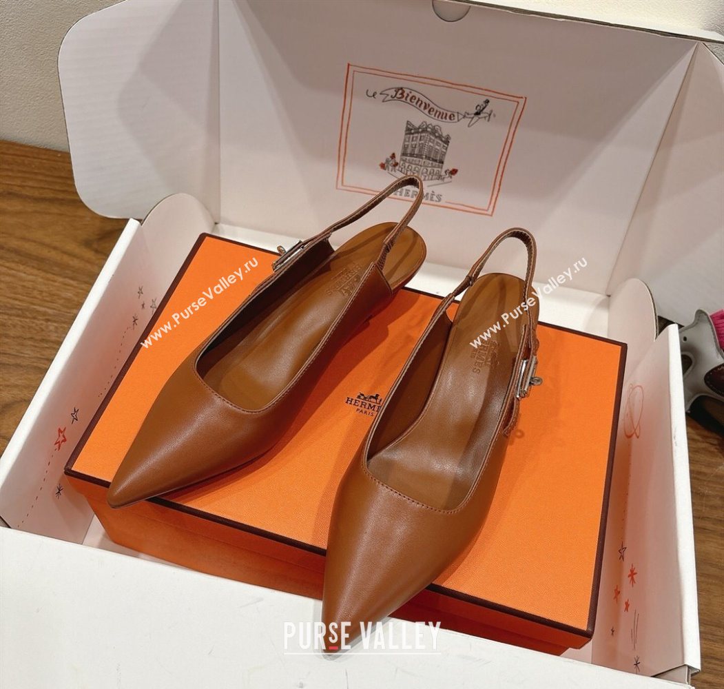 Hermes Lover Slingback Pumps 4cm in Calfskin with Kelly Buckle Brown 2025 H252121 (XC-250708100)