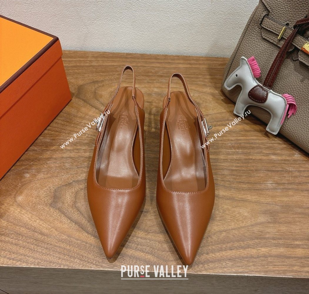Hermes Lover Slingback Pumps 4cm in Calfskin with Kelly Buckle Brown 2025 H252121 (XC-250708100)