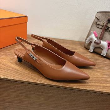 Hermes Lover Slingback Pumps 4cm in Calfskin with Kelly Buckle Brown 2025 H252121 (XC-250708100)