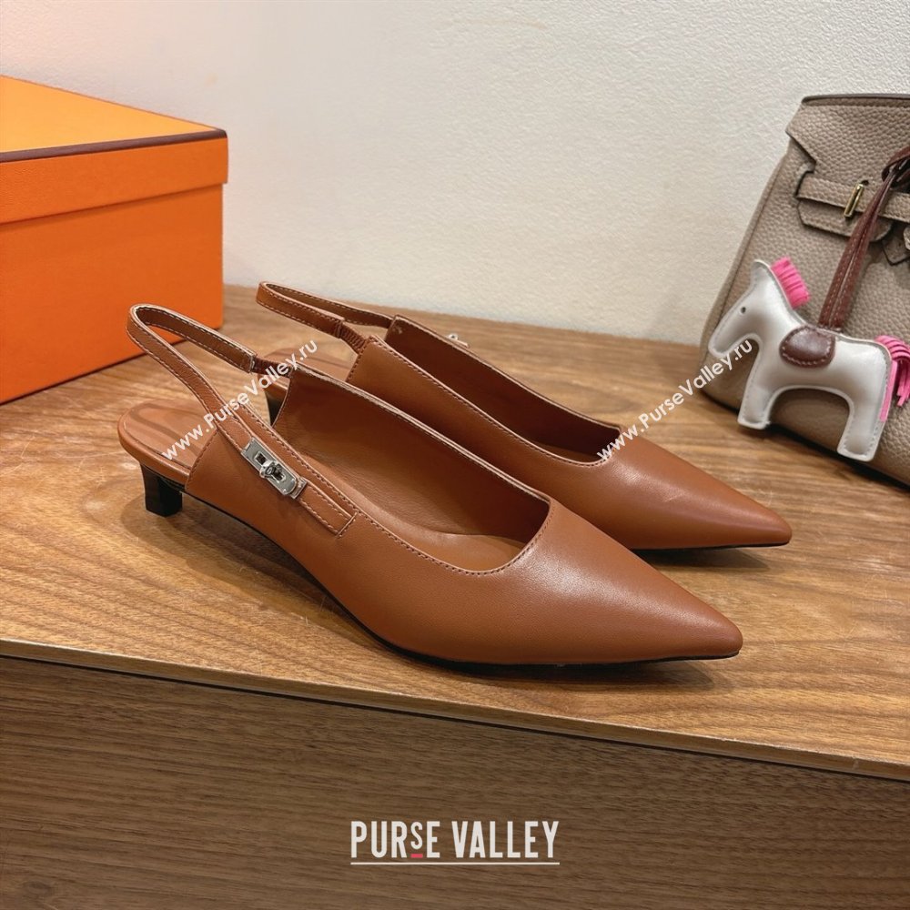 Hermes Lover Slingback Pumps 4cm in Calfskin with Kelly Buckle Brown 2025 H252121 (XC-250708100)