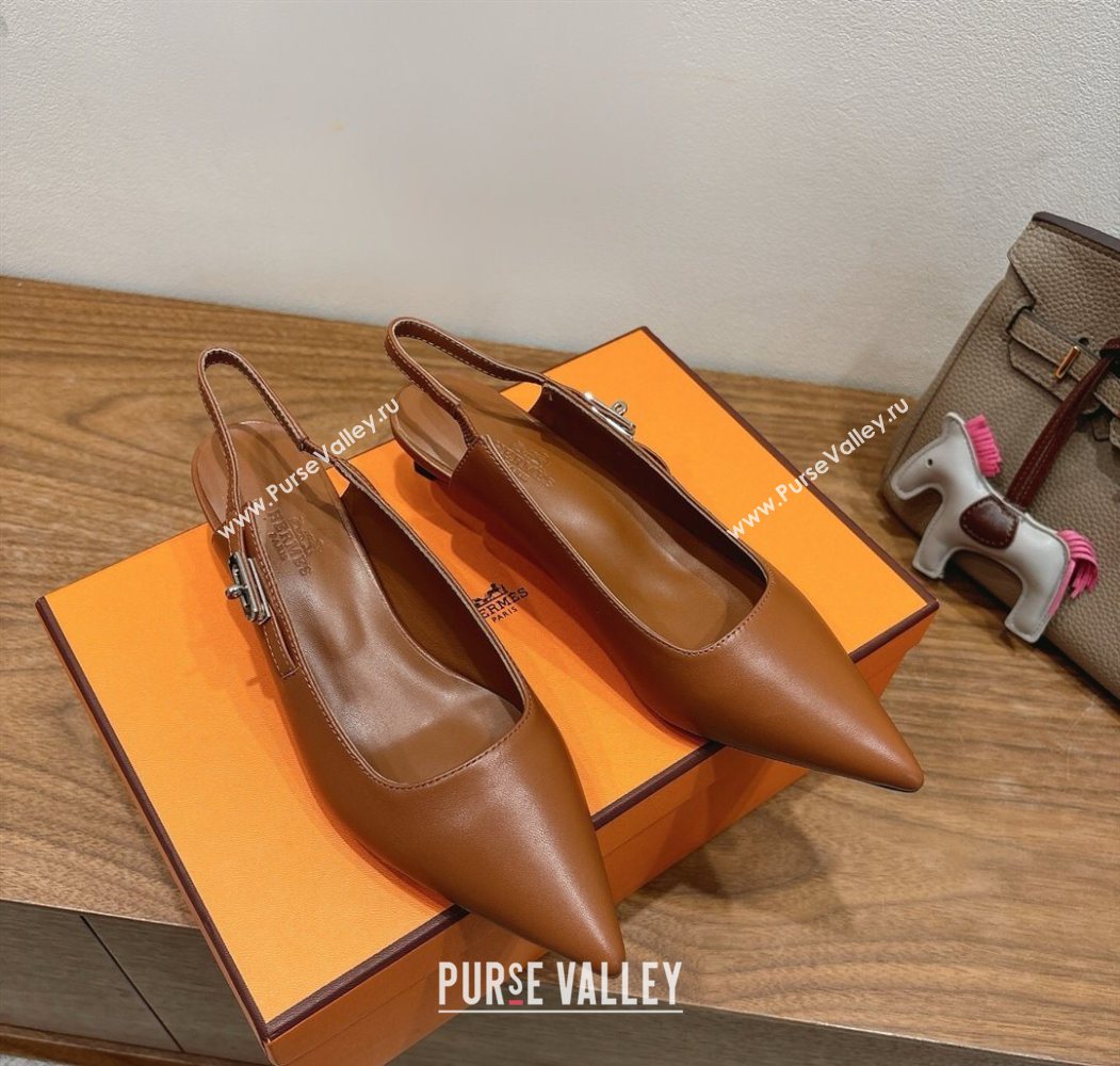 Hermes Lover Slingback Pumps 4cm in Calfskin with Kelly Buckle Brown 2025 H252121 (XC-250708100)