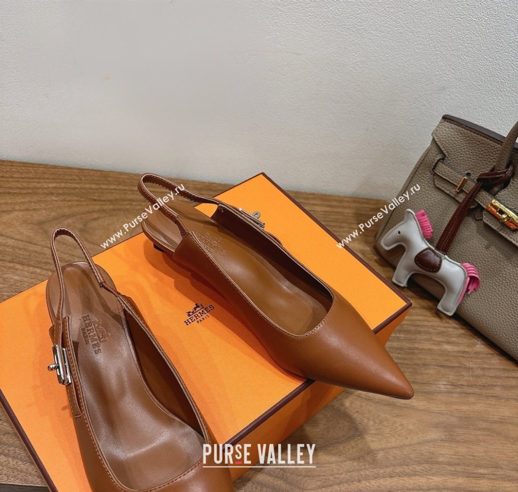 Hermes Lover Slingback Pumps 4cm in Calfskin with Kelly Buckle Brown 2025 H252121 (XC-250708100)
