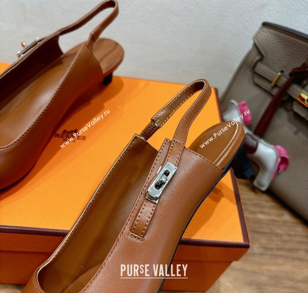 Hermes Lover Slingback Pumps 4cm in Calfskin with Kelly Buckle Brown 2025 H252121 (XC-250708100)