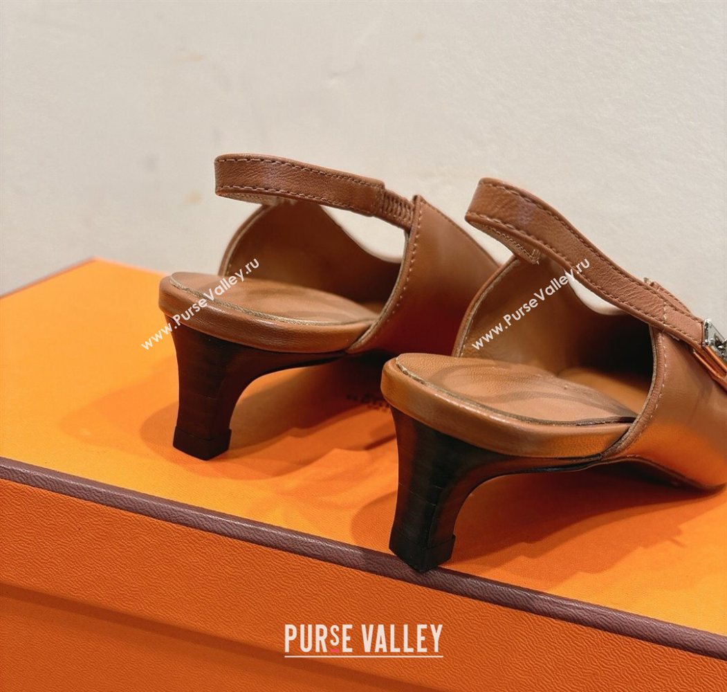 Hermes Lover Slingback Pumps 4cm in Calfskin with Kelly Buckle Brown 2025 H252121 (XC-250708100)