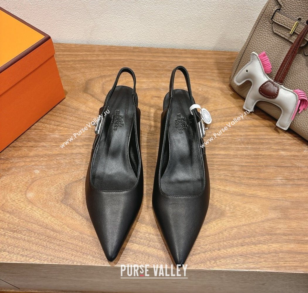 Hermes Lover Slingback Pumps 4cm in Calfskin with Kelly Buckle Black 2025 H252121 (XC-250708099)