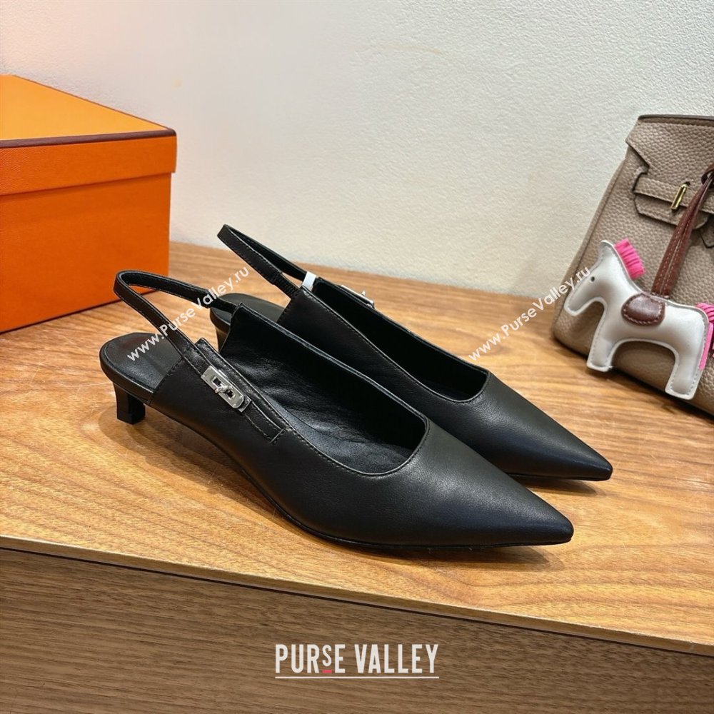 Hermes Lover Slingback Pumps 4cm in Calfskin with Kelly Buckle Black 2025 H252121 (XC-250708099)