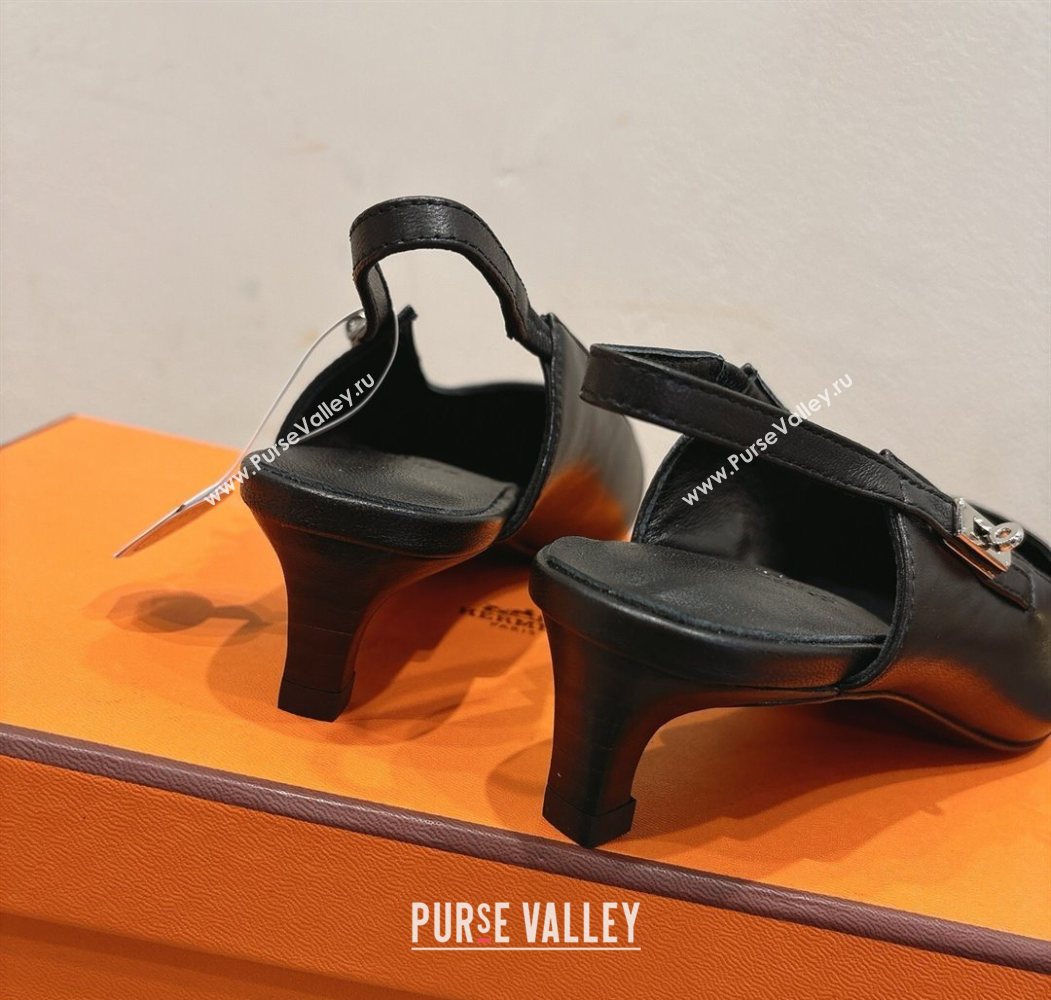 Hermes Lover Slingback Pumps 4cm in Calfskin with Kelly Buckle Black 2025 H252121 (XC-250708099)