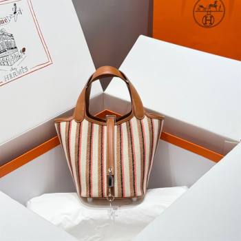 Hermes Picotin Lock Mini Bag 18cm in Striped Canvas and Calfskin Brown 2025 ( Half Handmade) (FL-250809038)