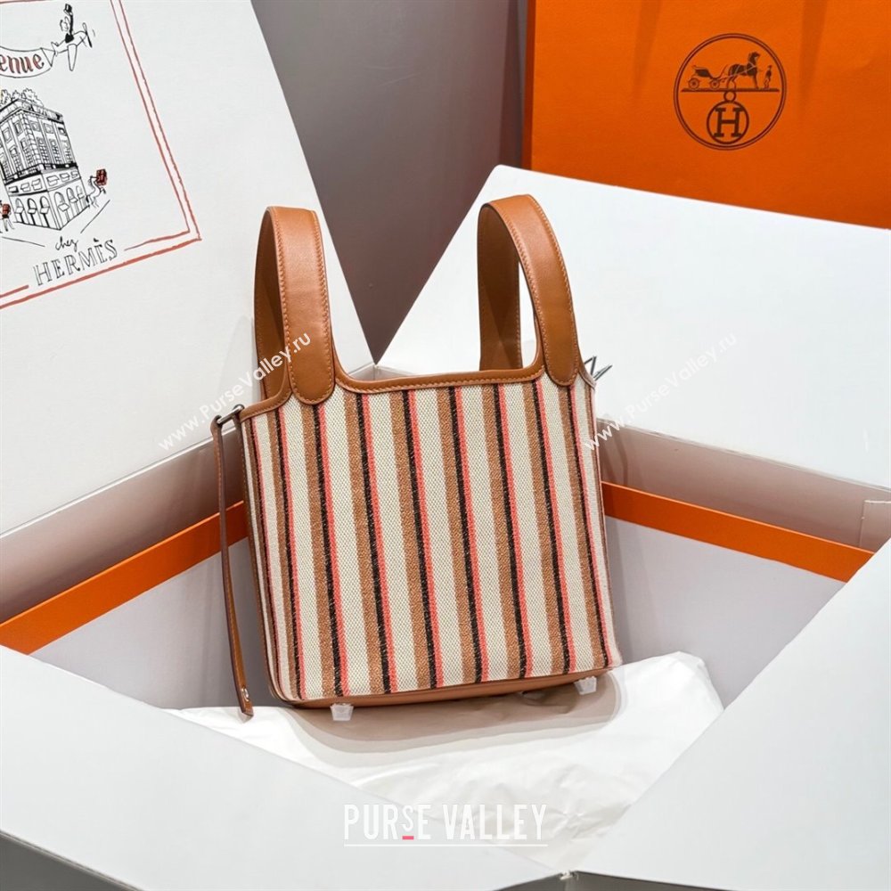 Hermes Picotin Lock Mini Bag 18cm in Striped Canvas and Calfskin Brown 2025 ( Half Handmade) (FL-250809038)
