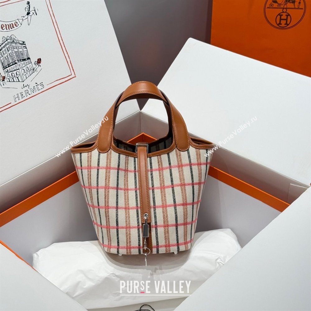 Hermes Picotin Lock Mini Bag 18cm in Plaid Canvas and Calfskin Brown 2025 ( Half Handmade) (FL-250809039)