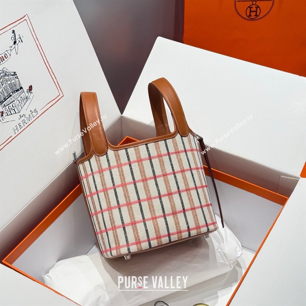 Hermes Picotin Lock Mini Bag 18cm in Plaid Canvas and Calfskin Brown 2025 ( Half Handmade) (FL-250809039)