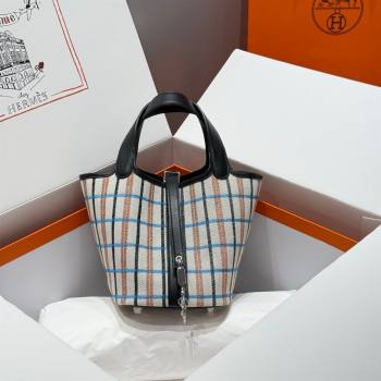 Hermes Picotin Lock Mini Bag 18cm in Plaid Canvas and Calfskin Black/Silver 2025 ( Half Handmade) (FL-250809040)