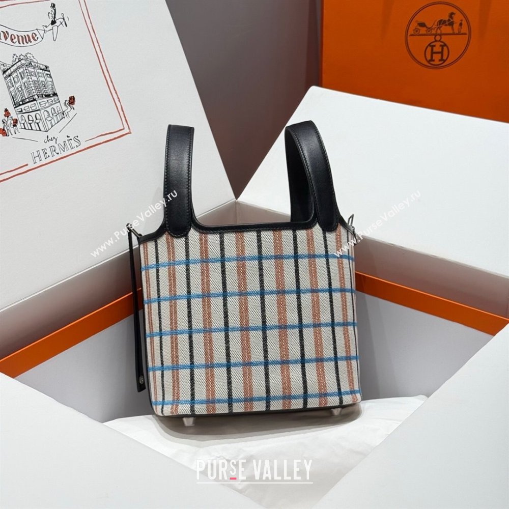 Hermes Picotin Lock Mini Bag 18cm in Plaid Canvas and Calfskin Black/Silver 2025 ( Half Handmade) (FL-250809040)