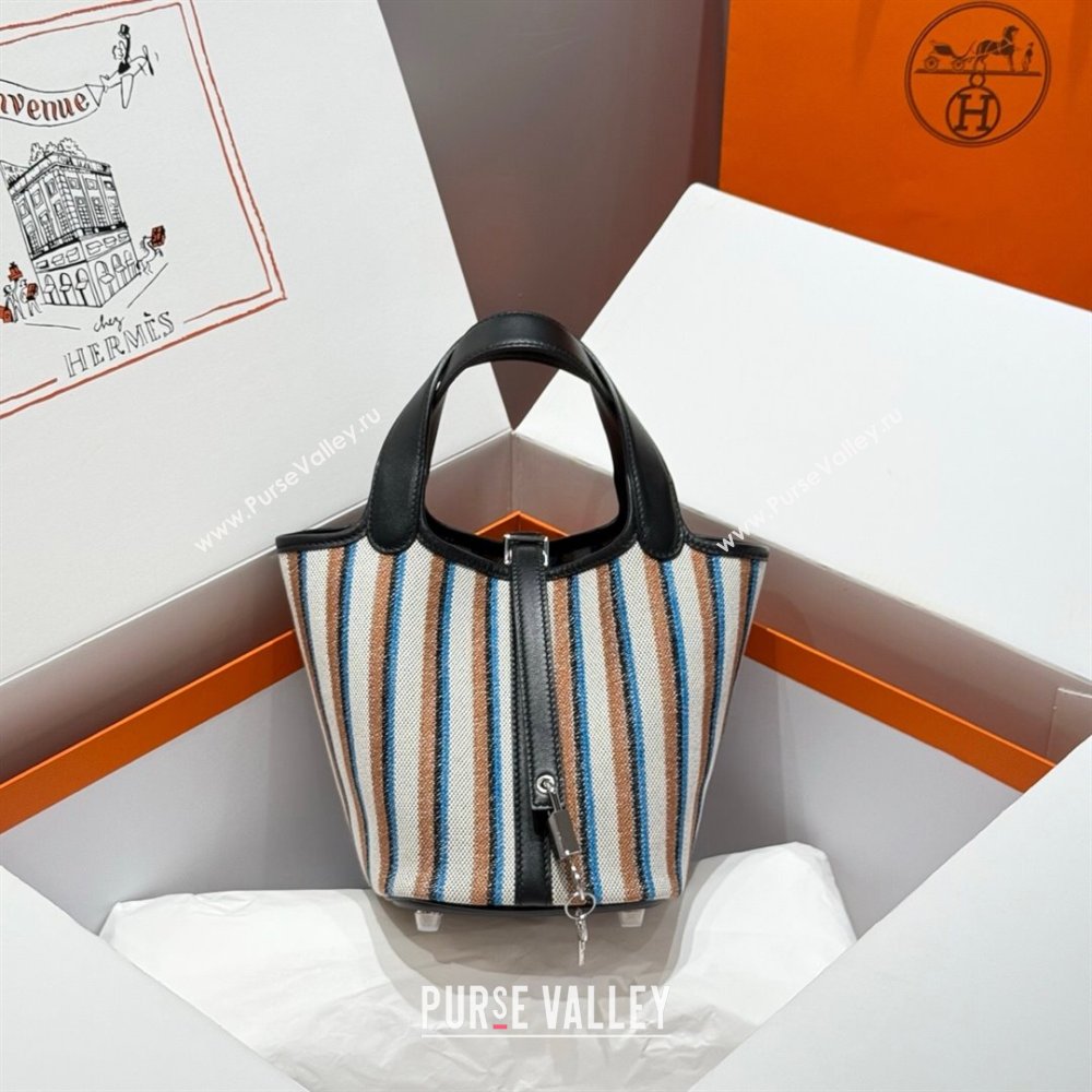 Hermes Picotin Lock Mini Bag 18cm in Striped Canvas and Calfskin Black/Silver 2025 ( Half Handmade) (FL-250809041)