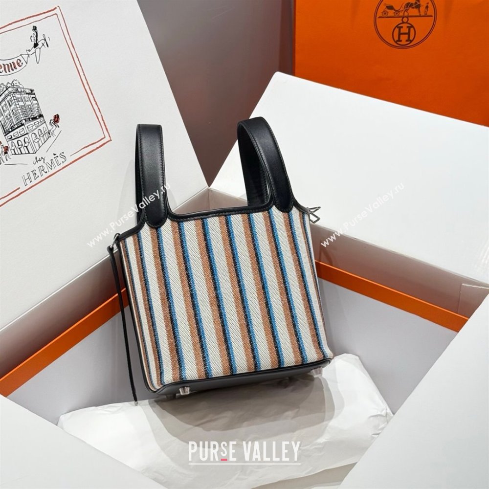 Hermes Picotin Lock Mini Bag 18cm in Striped Canvas and Calfskin Black/Silver 2025 ( Half Handmade) (FL-250809041)