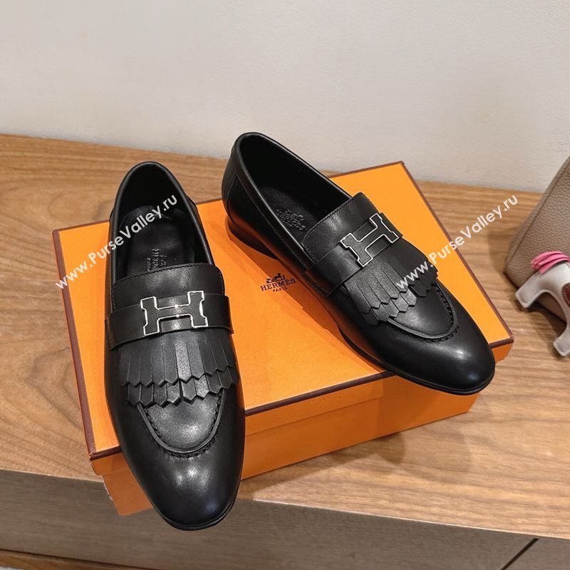 Hermes Royal Loafers in Calfskin Leather with Fringe Black 2025 H082006 (XC-250820053)