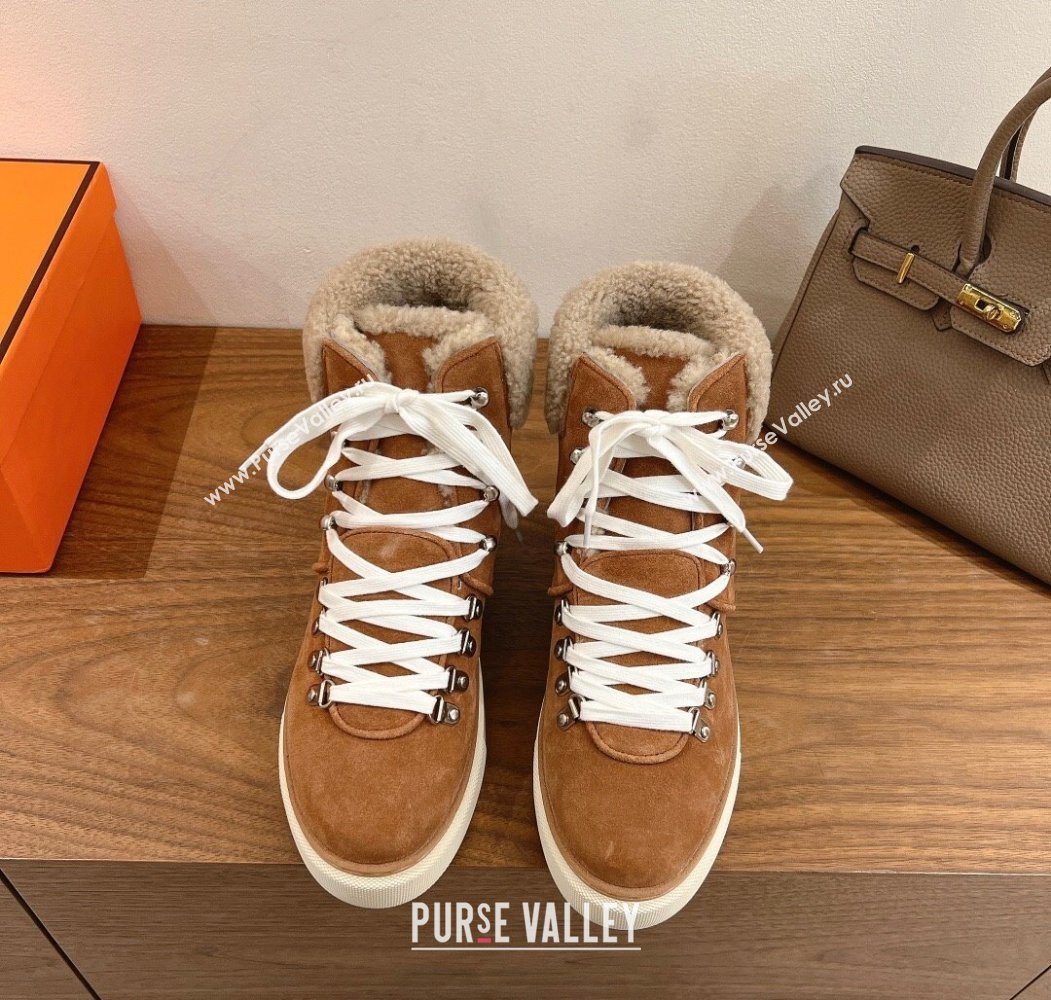 Hermes Flocon Ankle Boots in Suede and Shearling Brown 2025 (XC-250820059)