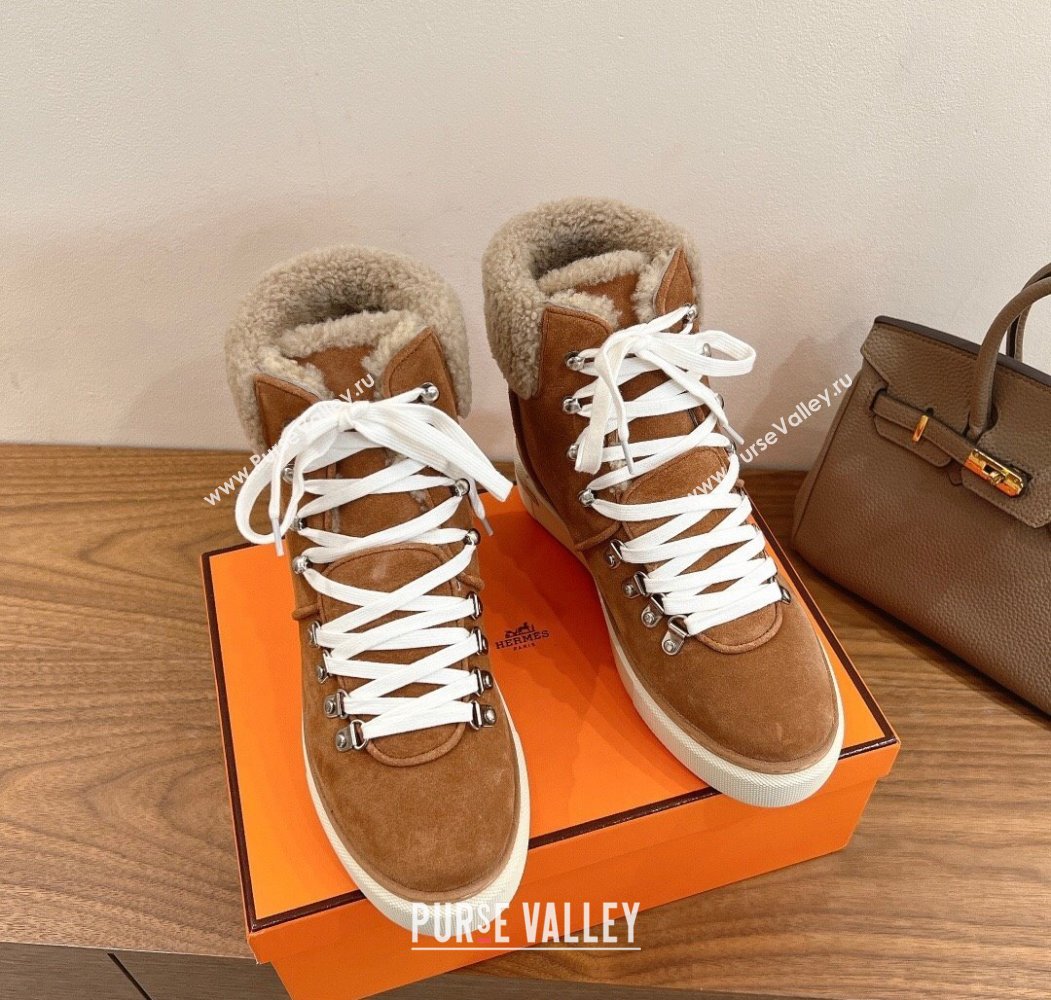 Hermes Flocon Ankle Boots in Suede and Shearling Brown 2025 (XC-250820059)