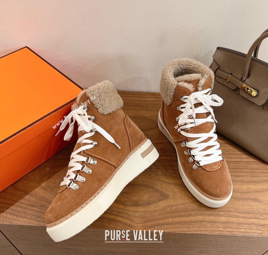 Hermes Flocon Ankle Boots in Suede and Shearling Brown 2025 (XC-250820059)