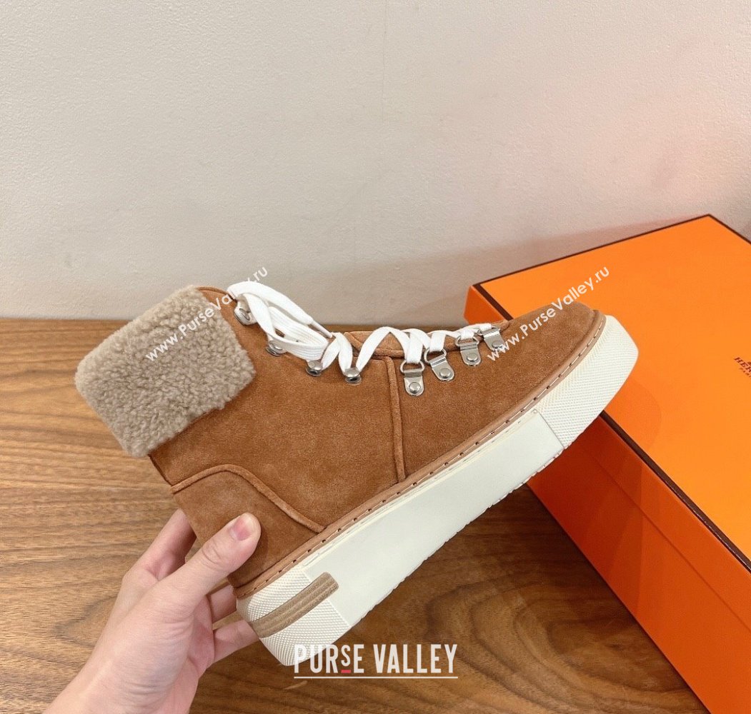 Hermes Flocon Ankle Boots in Suede and Shearling Brown 2025 (XC-250820059)