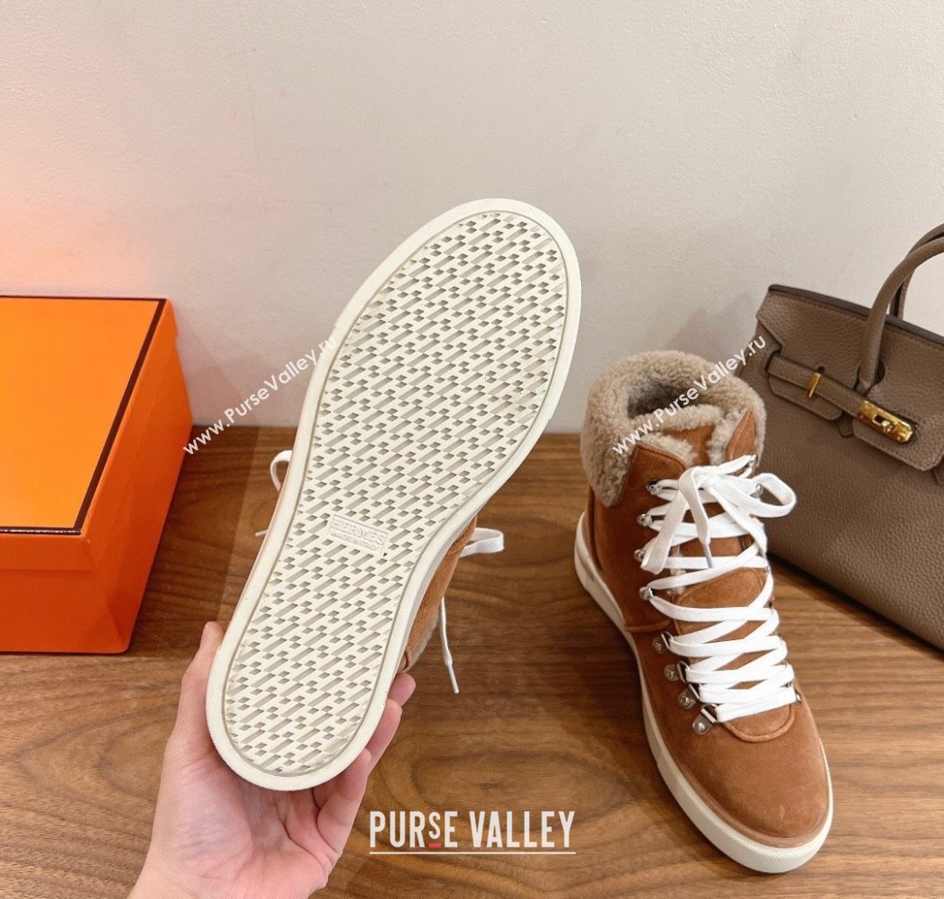 Hermes Flocon Ankle Boots in Suede and Shearling Brown 2025 (XC-250820059)