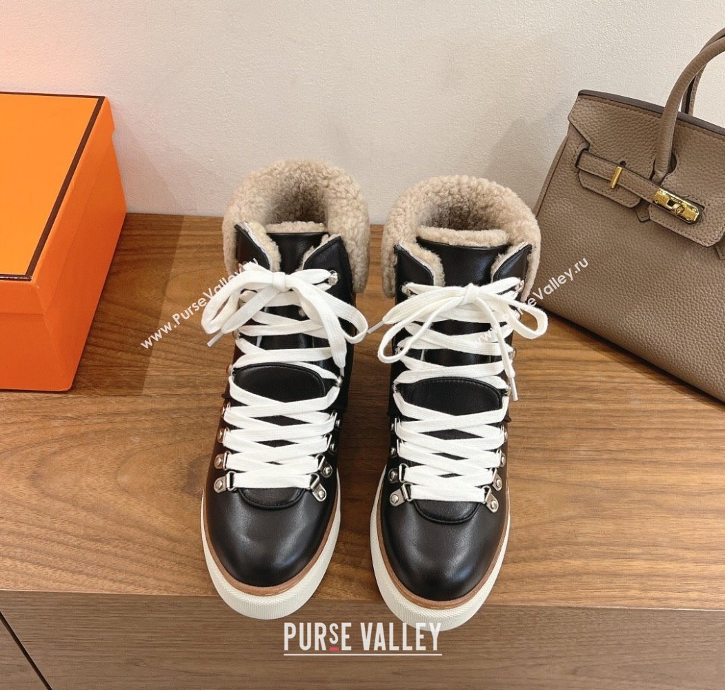 Hermes Flocon Ankle Boots in Calfskin and Shearling Black 2025 (XC-250820061)