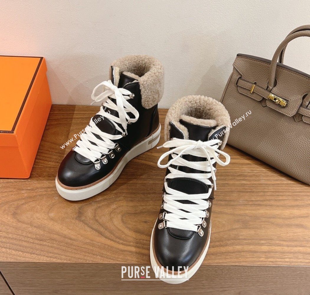 Hermes Flocon Ankle Boots in Calfskin and Shearling Black 2025 (XC-250820061)