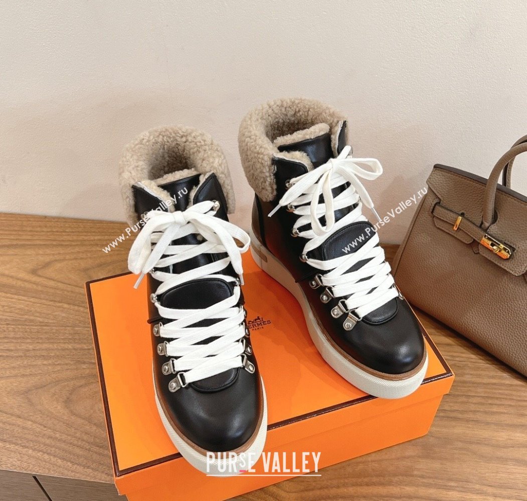 Hermes Flocon Ankle Boots in Calfskin and Shearling Black 2025 (XC-250820061)