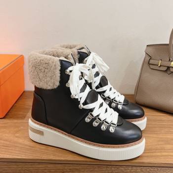 Hermes Flocon Ankle Boots in Calfskin and Shearling Black 2025 (XC-250820061)