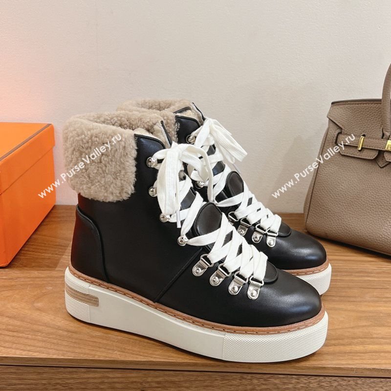 Hermes Flocon Ankle Boots in Calfskin and Shearling Black 2025 (XC-250820061)