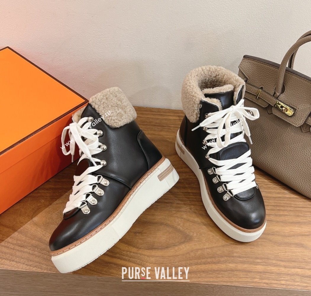 Hermes Flocon Ankle Boots in Calfskin and Shearling Black 2025 (XC-250820061)