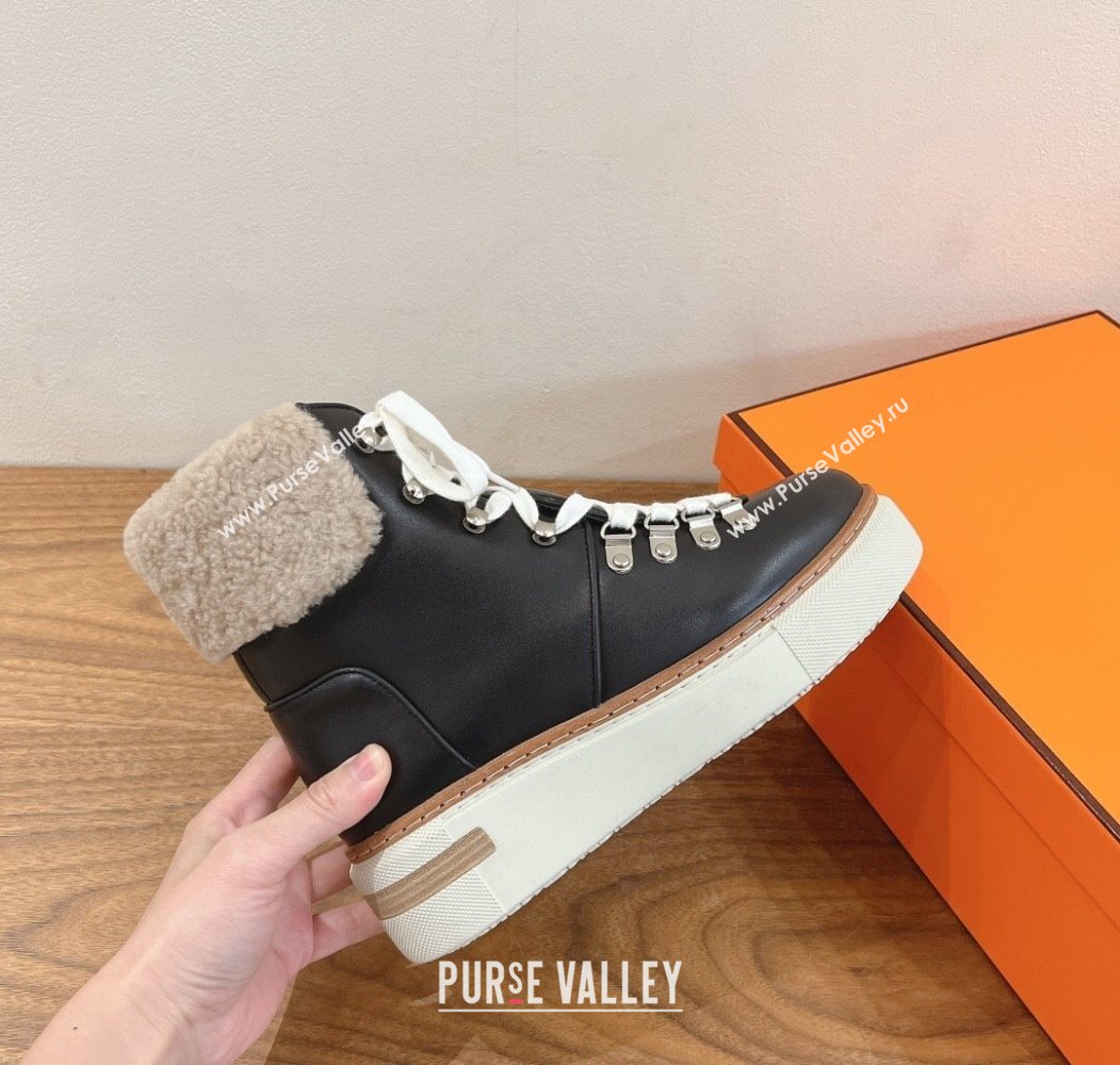Hermes Flocon Ankle Boots in Calfskin and Shearling Black 2025 (XC-250820061)