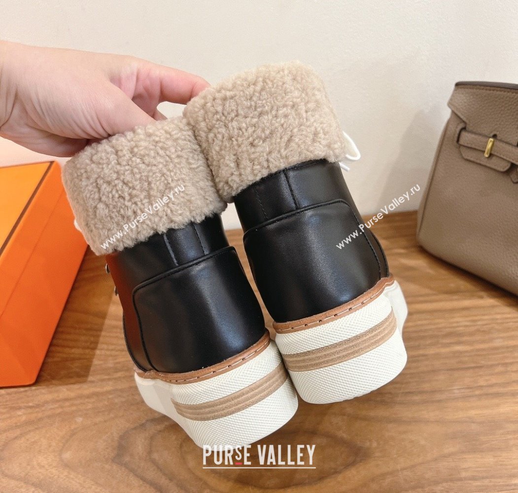 Hermes Flocon Ankle Boots in Calfskin and Shearling Black 2025 (XC-250820061)