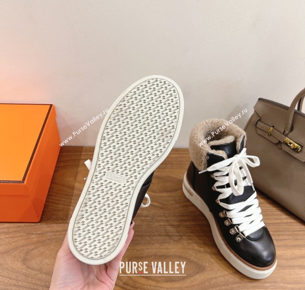 Hermes Flocon Ankle Boots in Calfskin and Shearling Black 2025 (XC-250820061)