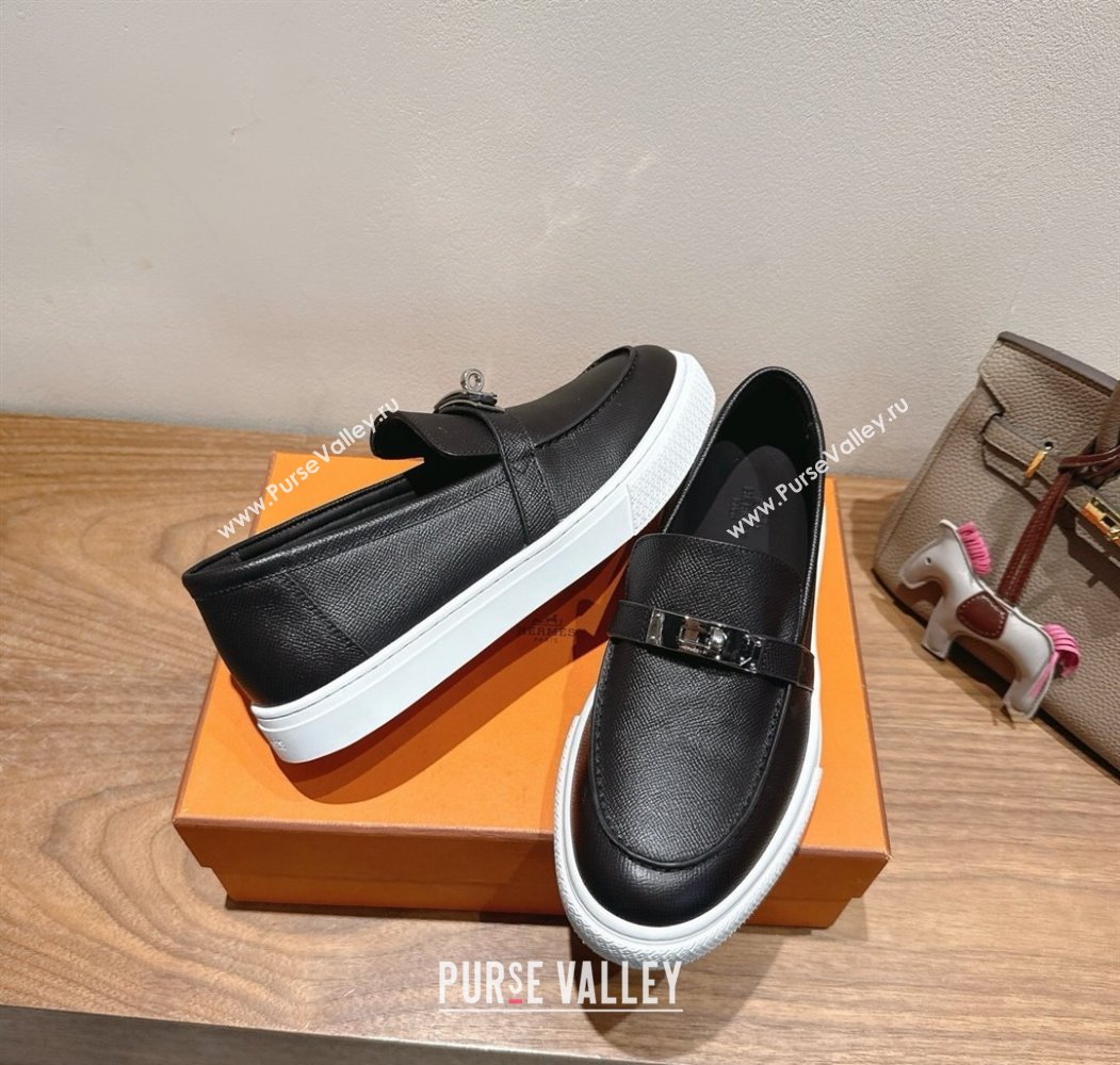 Hermes Game Grained Calfskin Slip-on Sneakers with Kelly Buckle Black 2025 H082007 (XC-250820063)