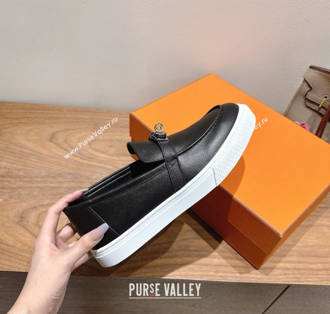 Hermes Game Grained Calfskin Slip-on Sneakers with Kelly Buckle Black 2025 H082007 (XC-250820063)