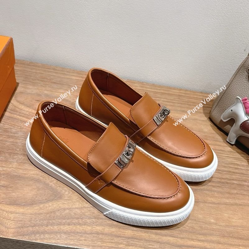 Hermes Game Smooth Calfskin Slip-on Sneakers with Kelly Buckle Brown 2025 H082007 (XC-250820065)