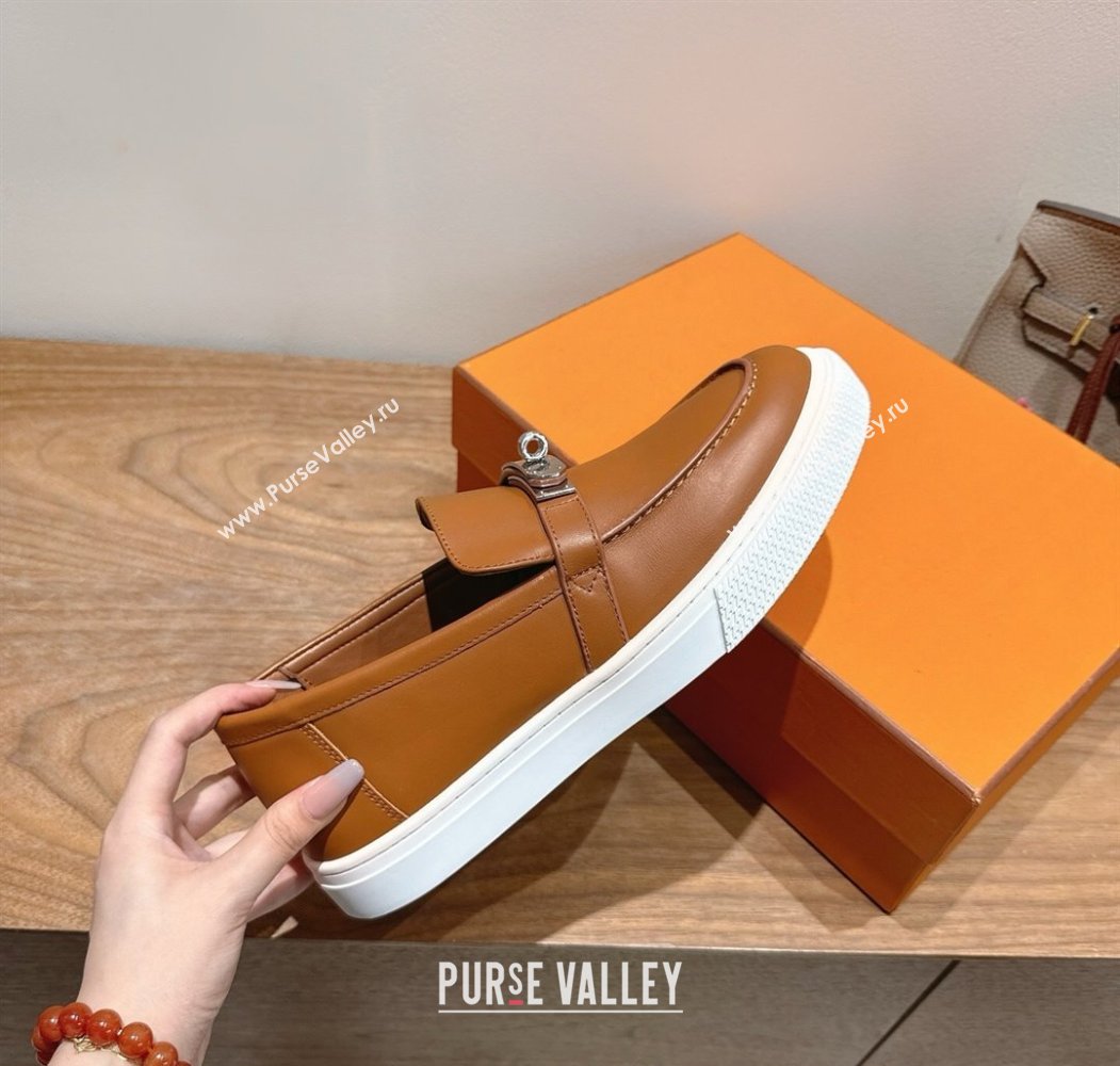 Hermes Game Smooth Calfskin Slip-on Sneakers with Kelly Buckle Brown 2025 H082007 (XC-250820065)