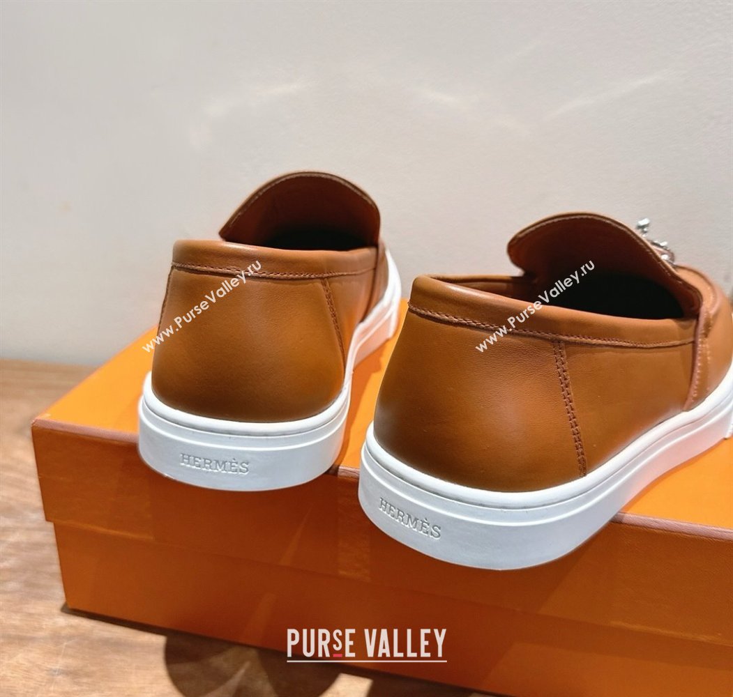 Hermes Game Smooth Calfskin Slip-on Sneakers with Kelly Buckle Brown 2025 H082007 (XC-250820065)